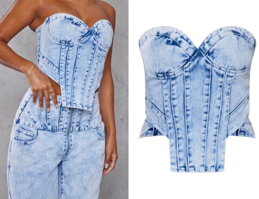 Pretty Little Thing Denim Corset Bustier Top Strapless Acid Wash Crop Top Size 2